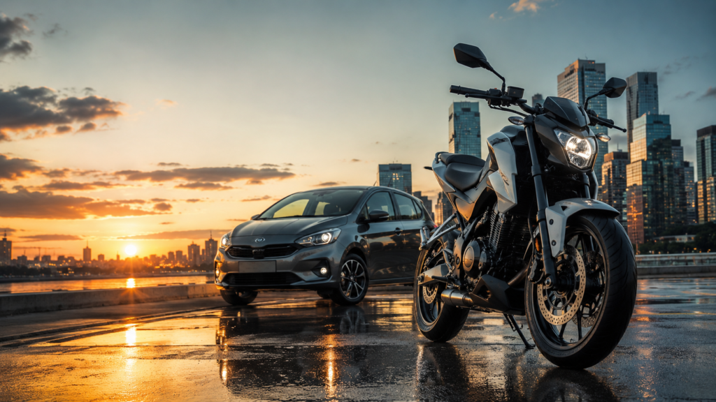 Autos y motos 0km en Argentina: una moto y un auto en la ciudad