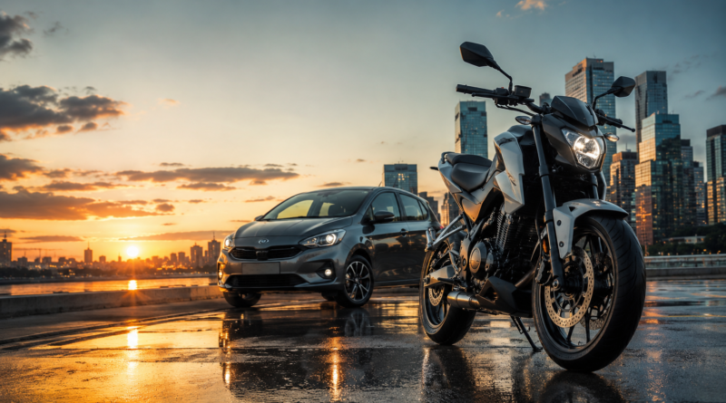 Autos y motos 0km en Argentina: una moto y un auto en la ciudad