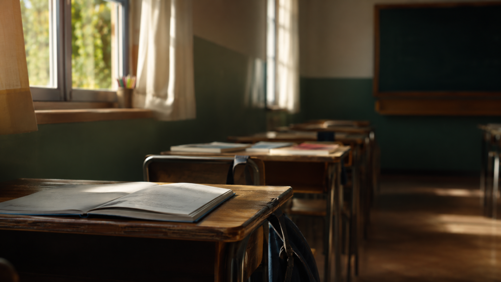 Déficit educativo en Argentina: aula vacía con pupitres