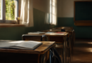 Déficit educativo en Argentina: aula vacía con pupitres